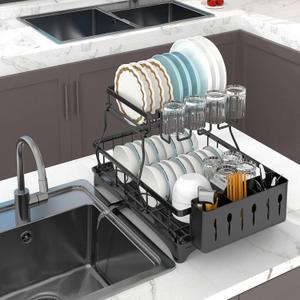 Dish Drying Rack for Kitchen Counter, 2-Tier Large Dish Rack with Drainboard, Rustproof Dish Drainer Organizer with Utensil Holder & Cup Rack, Women Gifts, Cool Stuff & Kitchen Gadgets, Black