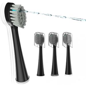 Replacement Brush Heads for Waterpik Sonic Fusion 2.0 - Flossing Toothbrush Head for Water pik with Color-Coded Rings & Hygienic Caps - 3 Pack Black Soft Bristles