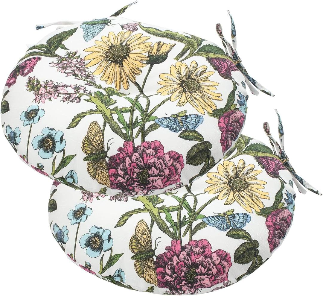 FUNHOME All Weather Bistro Seat Cushions with Ties, Tufted Patio Chair Cushions Round 15”x15”x4”, Set of 2, Chair Pad for Home Garden Kitchen Furniture-Butterfly
