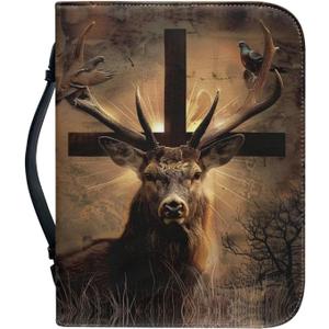 Leather Bible Cover for Men/Large Bible Case/Book Carrying Case with Pen Slot-Church Bag for Lady,Deer and Cross,Small
