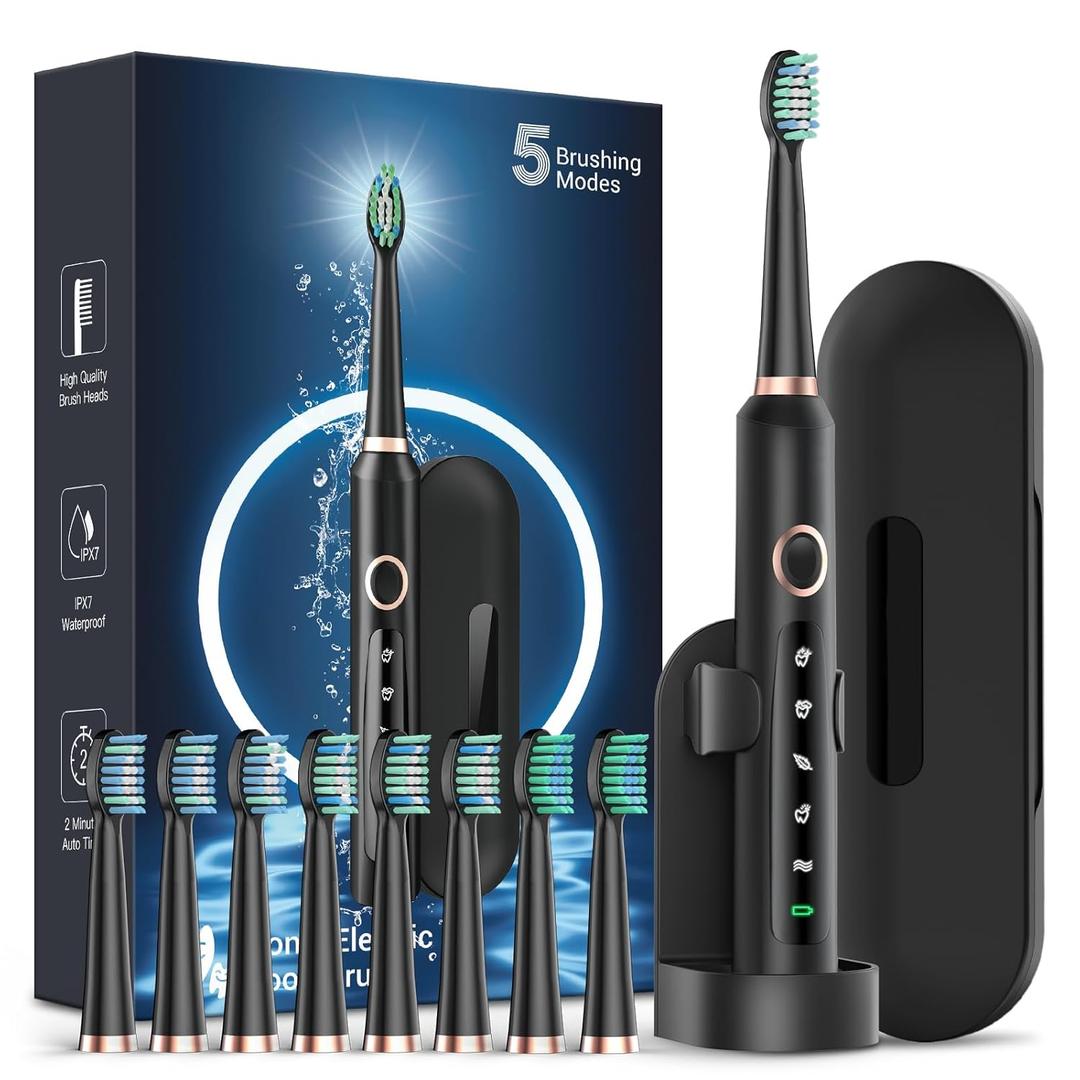 Rtauys Electric Toothbrush for Adults, 8 Brush Heads & Travel Case,5 Modes with 2 Minutes Built in Smart Timer, One Charge for 120 Days, 41000 VPM Motor (Black)