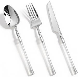 150PCS Silver Plastic Silverware, Heavy Duty Utensils, Disposable Plastic Cutlery Silverware Include 50 Forks, 50 Knives, 50 Spoons for Party and Wedding, Shiny Silver
