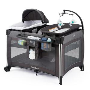 Pamo Babe 4 in 1 Portable Baby Crib Deluxe Nursery Center, Foldable Travel Playard with Bassinet, Mattress, Changing Table for Newborn, Infant, Toddler(Grey)