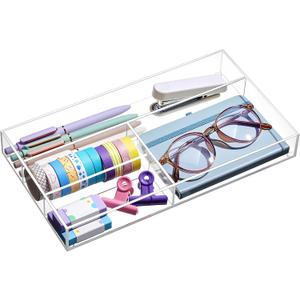 Briwooody Acrylic Desk Drawer Organizer 11 x 6.1 x 1.38 Inch Storage Tray Organizer for Pens, Stationery, Desktop, Office, Bathroom, Kitchen, Makeup Supplies(4 Compartments, Clear)