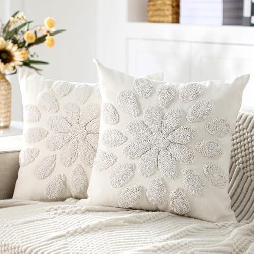 SmoothNovelty 2 Pcs 3D Embroidery Dahlia Throw Pillow Covers 18x18 Inch Boho Neutral Decorative Embroidered Couch Pillow Cases Set for Couch Sofa Living Room Bedroom Bed