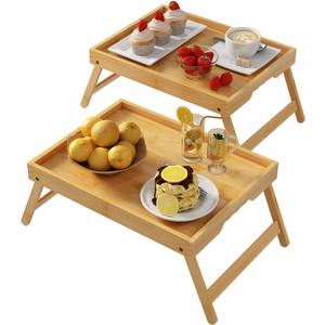 Youpehom Bed Tray Table with Folding Legs,Bamboo Breakfast in Bed for Kitchen Serving Tray,Sofa,Eating,Used As Laptop Desk Snack Tray 2 Pack (Bamboo)