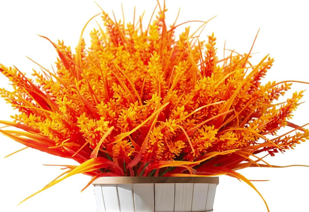 Artificial Fall Flowers for Outdoors 20 Bundles Faux Lavender UV Resistant Fake Monkey Grass Plants Plastic Autumn Mums for Indoor Outside Planter Porch Garden Window Box Decorations (Orange)