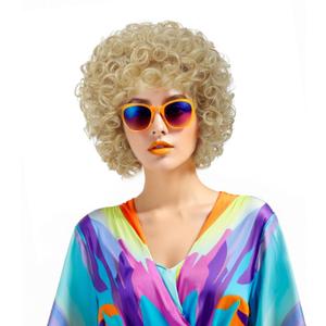 Women's short curly afro wig, retro 70s/80s disco style, suitable for Halloween costumes, themed parties, and cosplay (Light Blonde)