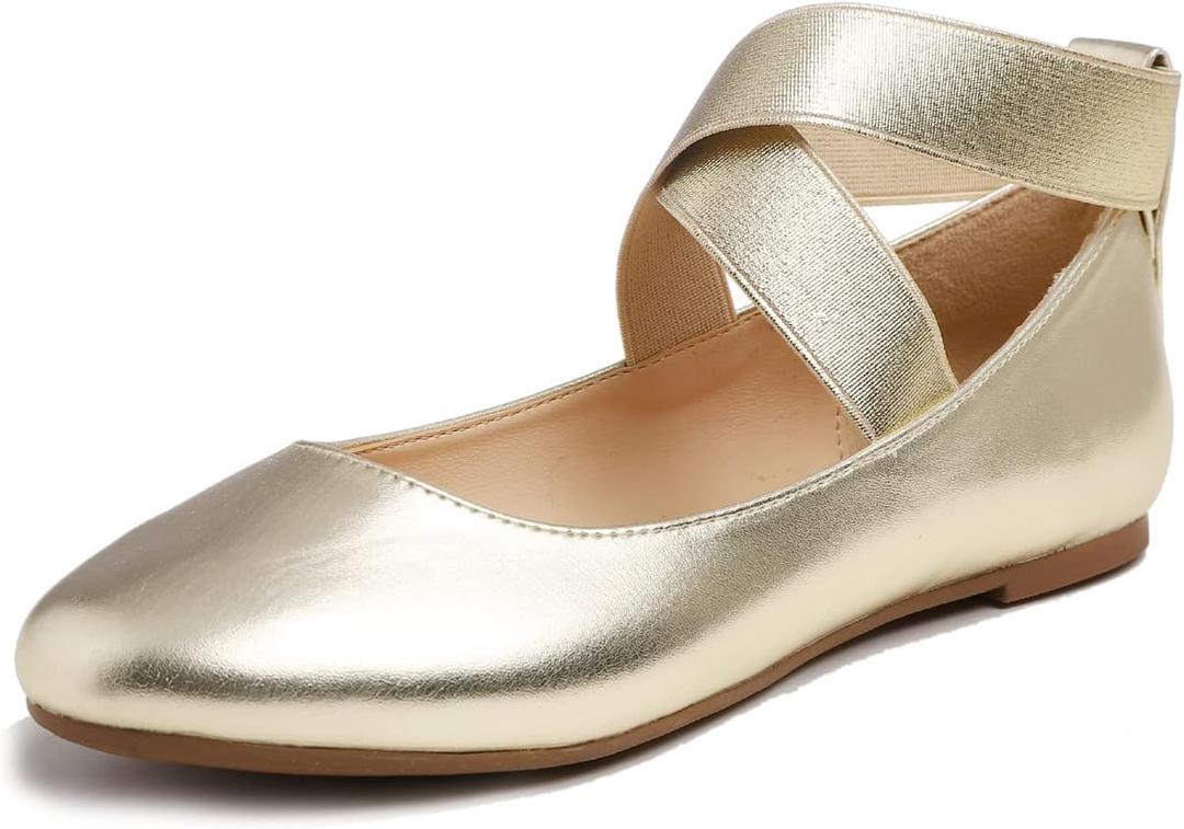 FEVERSOLE Women's Fashion Elastic Ankle Strap Shoes Round Toe Ballet Flat, 40
