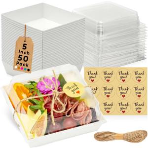 50 Pack Small Charcuterie Boxes with Clear Lids - To Go Paper Mini Charcuterie Box, Disposable Food Containers, 5Inch Dessert Boxes - Sandwich, Cookie, Sushi, Cake Slice, Strawberries (White)