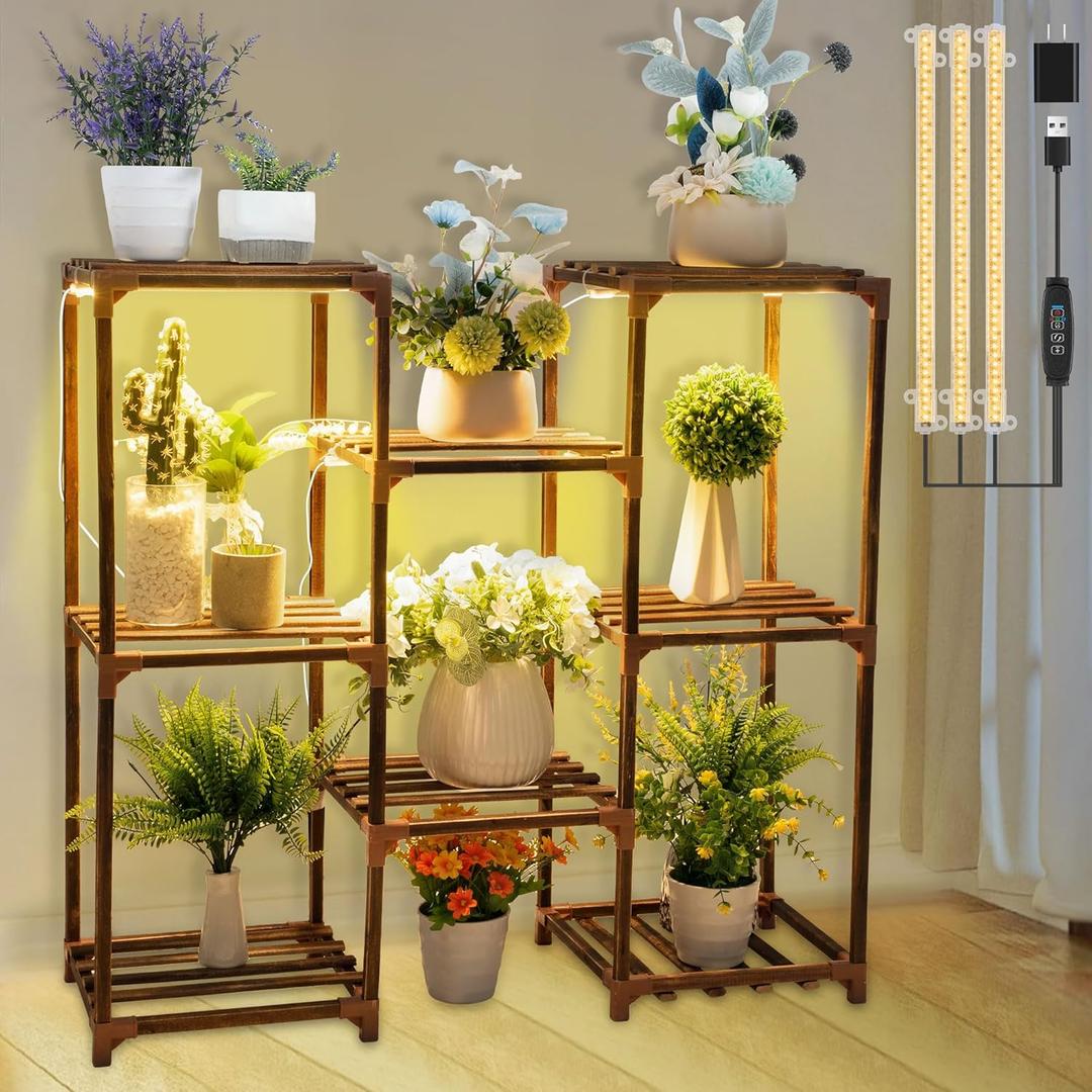 Dreyoo Plant Stand with Grow Lights, Wood Plant Shelf with Full Spectrum Grow Lamp for Indoor Corner, Vintage Multi Layer Lighted Stand for Living Room Balcony Display(8 Potted Shape)