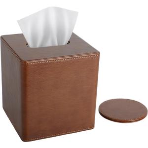 LAMOTI Tissue Box Cover Square with 4" Coaster, PU Leather Decorative Cube Tissue Box Holder with Magetic Closure for Home & Office (Brown)