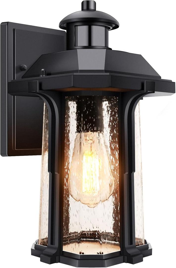 Motion Sensor Outdoor Lights, 3 Lighting Modes Porch Lights for House, Dusk to Dawn Light Fixture with Bulb, Waterproof Aluminum Anti-Rust Exterior Wall Light for Garage, Large Size Motion Activated (13.4in, Black)