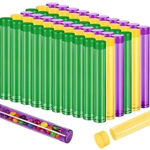 Flutesan 90 Pcs Mardi Gras Party Favors Tubes 4 Inch Candy Tubes Bulk with Cap Plastic Green Gold Purple Party Decor Container Empty Storage Gift for Carnival Liquor Plant Lab Experiment Supplies