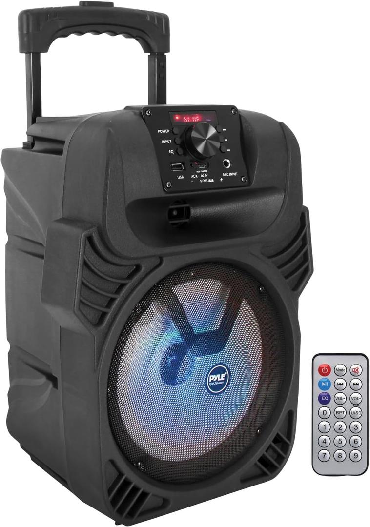 Pyle 8" Portable Bluetooth PA Speaker - 500W Rechargeable Indoor/Outdoor Karaoke Machine Sound System - Multi-Color LED Party Lights, Mic Input, FM Radio, MP3/USB & Remote Control (Black)