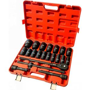 3/4 Inch Drive Deep Impact Socket Set, 21 Pieces, 6 Point, Metric Sizes (19mm to 50mm) with Adapters and Quick Release Ratchet Wrench, Heavy-Duty Cr-Mo Steel, Storage Case