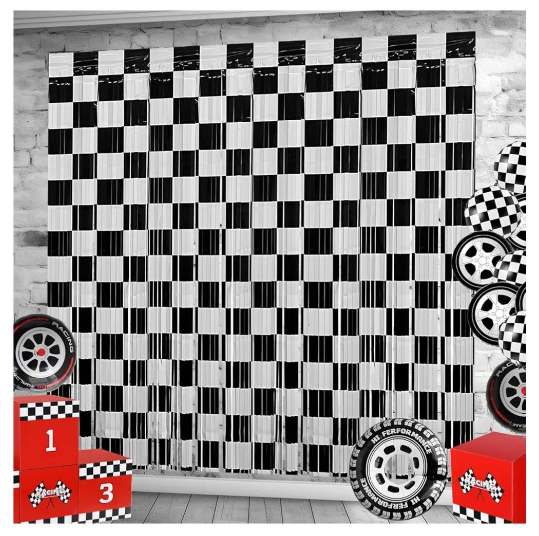 Race Car Foil Fringe Curtains Backdrop Birthday Party Decorations, 4 Pack 3.28 x 6.56 Ft Black White Foil Fringe Curtain Photo Booth Props Racing Car One Happy Dude Birthday Party Decorations