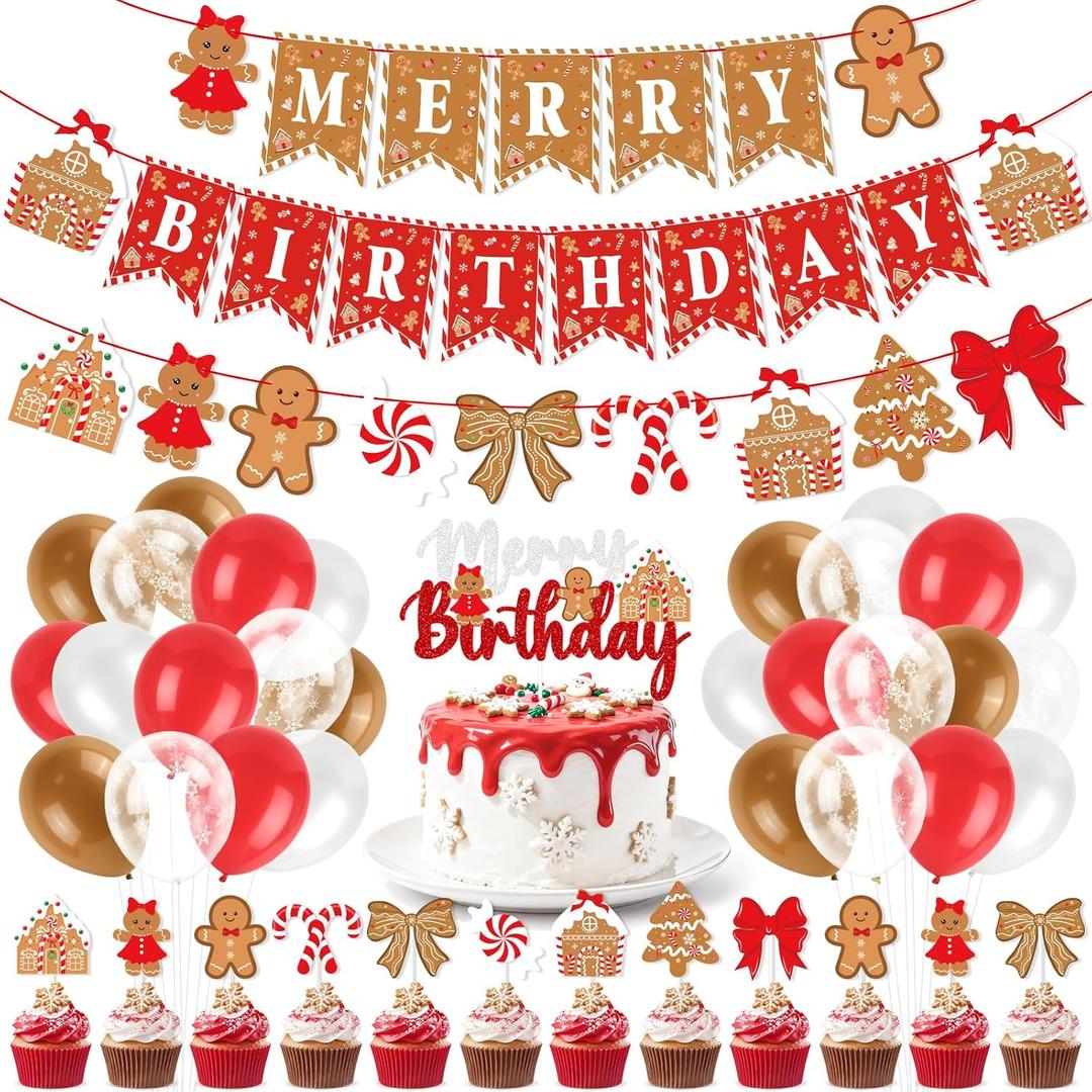 Red Christmas Birthday Party Decorations, Cute Gingerbread Man Theme Merry Birthday Banner Cake Topper Red White Snowflake Balloons for Gingerbread Christmas Decorations Holiday Xmas Party Supplies