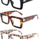 REAVEE 3 Pack Reading Glasses for Women Men, Blue Light Blocking Readers Stylish Square with Spring Hinge, 0.0X