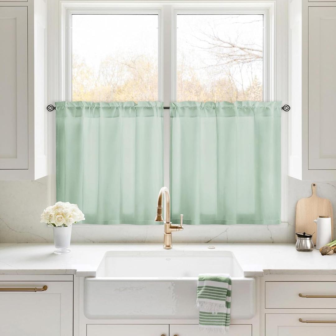 HOMEIDEAS Non-See-Through Sage Green Privacy Sheer Curtains, 30 X 24 Inches Long 2 Panels Sheer Curtains Light Filtering Window Drapes for Bedroom Living Room