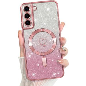 Bonoma Compatible with Samsung Galaxy S21 Plus Case Support for MagSafe, Plating Heart Glitter Magnetic Case TPU Camera Protection Back Cover for Phone Case -Pink