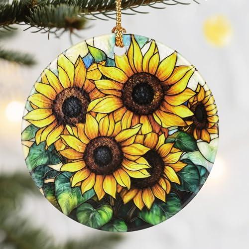 Christmas Ornaments, Dodosky 2.8in Ceramic Sunflower Ornament, Xmas Decor, Christmas Tree Ornaments, Xmas Decorations for Tree, Holiday Ornament, Gift Ideas, Sunflower Gifts for Women, Friend Pack Of 3