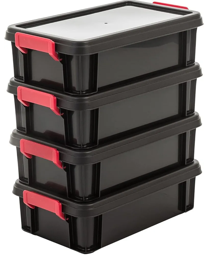 Iris Ohyama, Storage Plastic Tool Boxes with Lid and Clip, 4L, Set of 5, Stackable, BPA-Free, Wind, Shed, Garage, MBX-4, Black