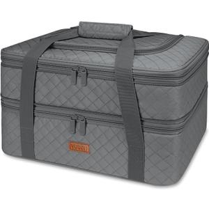 Quilted Double Decker Casserole Carrier - Expandable Dish Carrying Case for Hot or Cold Food, Lasagna Holder for Potluck Parties, Picnic, Beach, Fits 9"13" Baking Dish (Grey) (Gray)