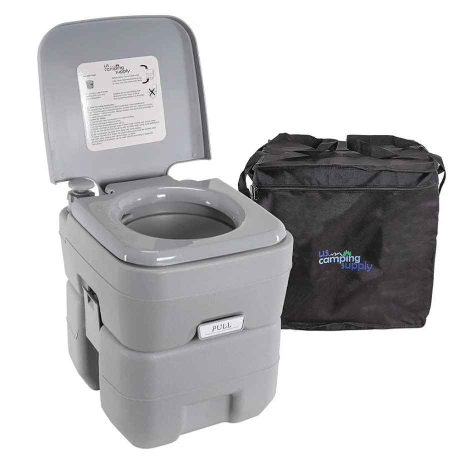 U.S. Camping Supply Portable Toilet with Carry Bag, 5.3 Gallon Waste Tank - Compact Indoor Outdoor Dual Outlet Commode - Travel, Camping, RV, Boating, Fishing - Traveling Bathroom, Water Flush Pump
