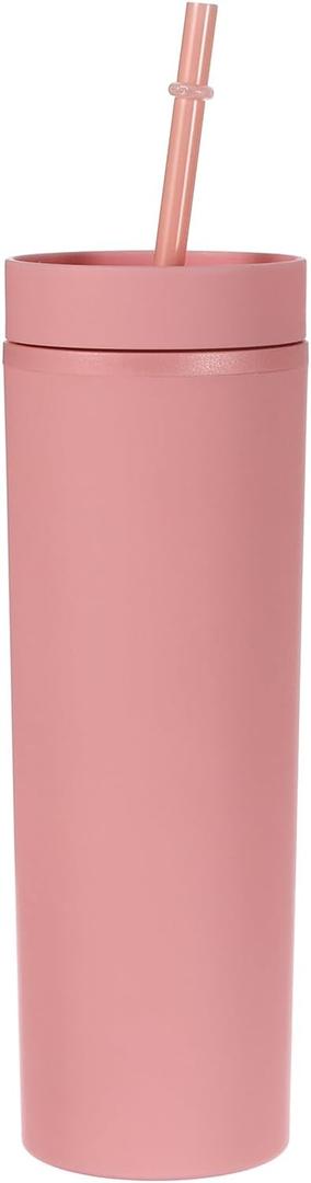 uxcell Skinny Tumbler with Lids and Straws, 16Oz Matte Deep Red Skinny Tumbler Bulk, Reusable Pastel Acrylic Tumbler, Double Wall Plastic Tumbler for Cold Hot Drinks, Coffee DIY