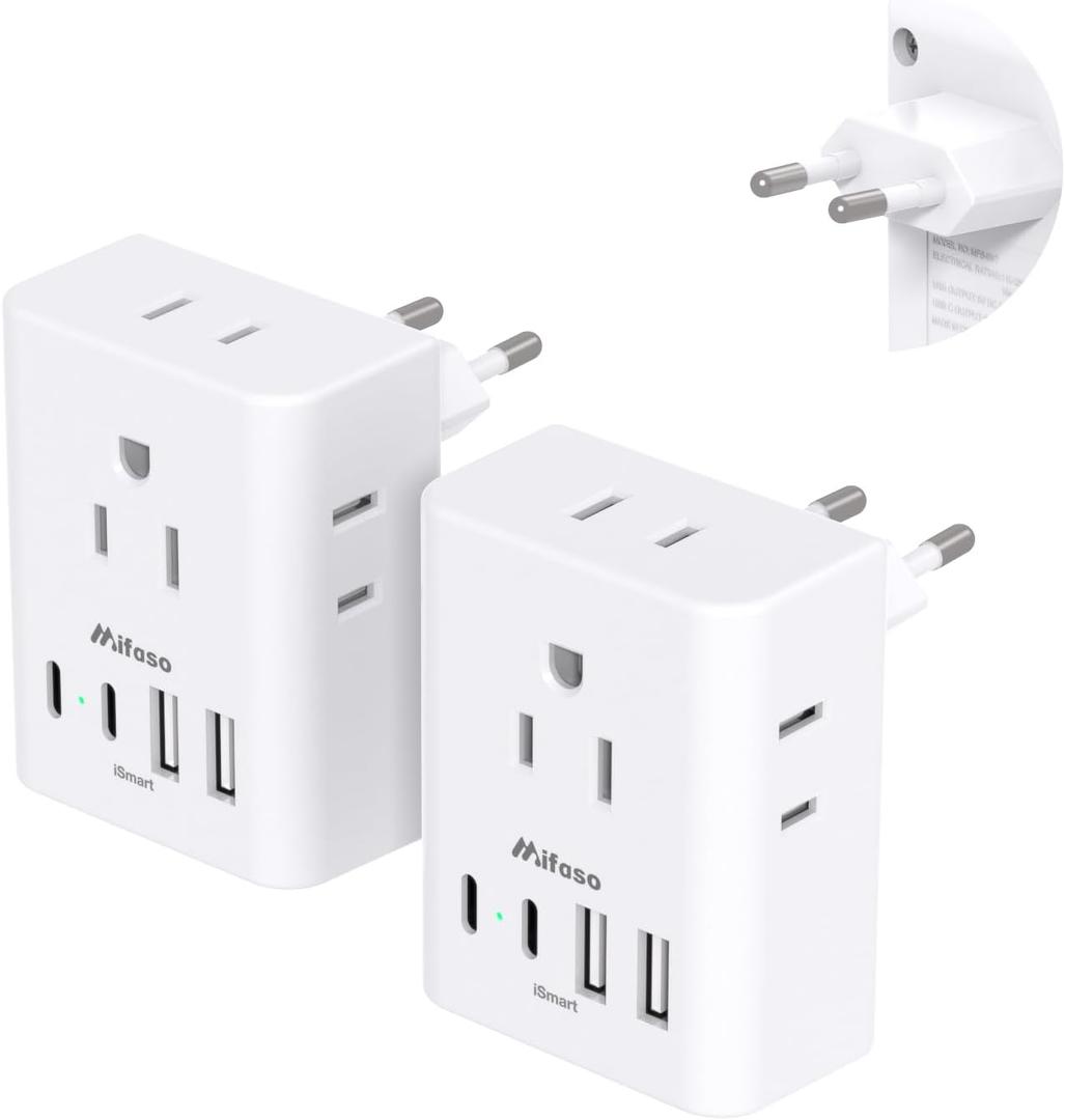 2 Pack European Travel Plug Adapter, International Power Adapter with 4 Outlets 4 USB C Ports (2 USB C), Type C Adapter for US to Most of Europe EU Italy Spain Greece Portugal France Germany