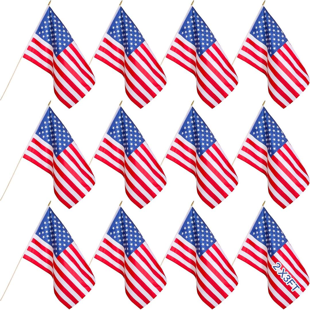 Newwiee 12 Pcs Classroom American Flag for Schools 2 x 3ft USA Classroom Fade Resistant Large American Flag with Pole for Back to School Indoor Wall Office House First Day of School Supplies