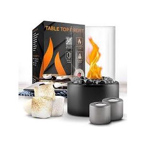 Flammtal Tabletop Fire Pit [4h Burning Time] - Table Top Firepit Indoor & Outdoor - Ethanol Table Top Fire Pit Bowl with Black & White Stones - Portable Fire Pit with 2 Combustion Chambers - Fire Bowl