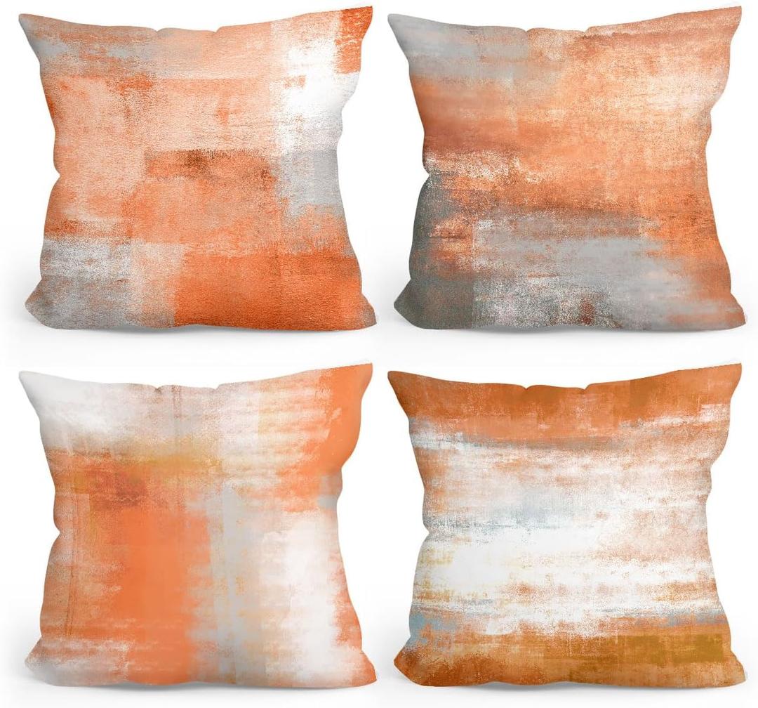 Burnt Orange Throw Pillow Covers Set of 4, Orange Artistic Brushstroke Design Throw Pillows Square Cushion Covers, Modern Abstract Art Decorative Pillows for Couch Sofa Living Room Bedroom,18x18 Inch