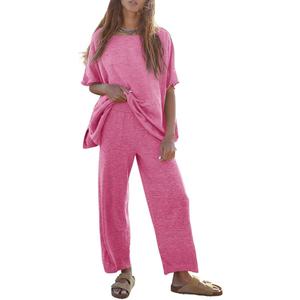 Women's 2 Piece Travel Outfits Casual Short Sleeve Knit Sweater Set Wide Leg Pants Lounge Sets Tracksuit Size S