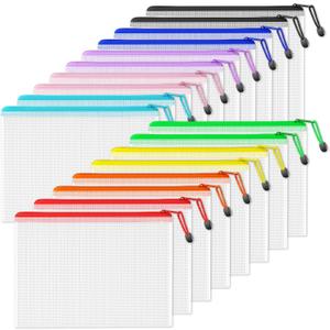 SUNEE Plastic Mesh Zipper Pouch 9.2x12.5 in (9 Colors, 18 Packs),Extra Large Water-Resistant Zip Bag for School Office Supplies, Puzzles & Games Organizing Storage (Multicolored)