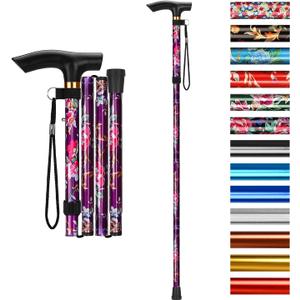 supregear Folding Cane, 5-Level Adjustable Height Walking Stick Lightweight Collapsible Portable Travel Cane with Wrist Strap and T Handle for Elderly Disabled Men Women (Purple Floral)