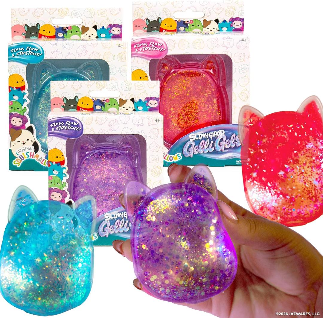 Squishmallows SLIMYGLOOP Gelli Gels 3 Pack, Slow-Flow Glitter Squishy Sensory Toy, Squeeze Stress Toy for Kids & Teens, Satisfying Sugar Squish Fidget