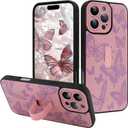 for iPhone 16 Pro Case with Finger Strap Holder, Cute Cool Butterfly Print Pattern Design for Women Girls, Shockproof Anti Scratch Hand Kickstand Protective Cover, Pink