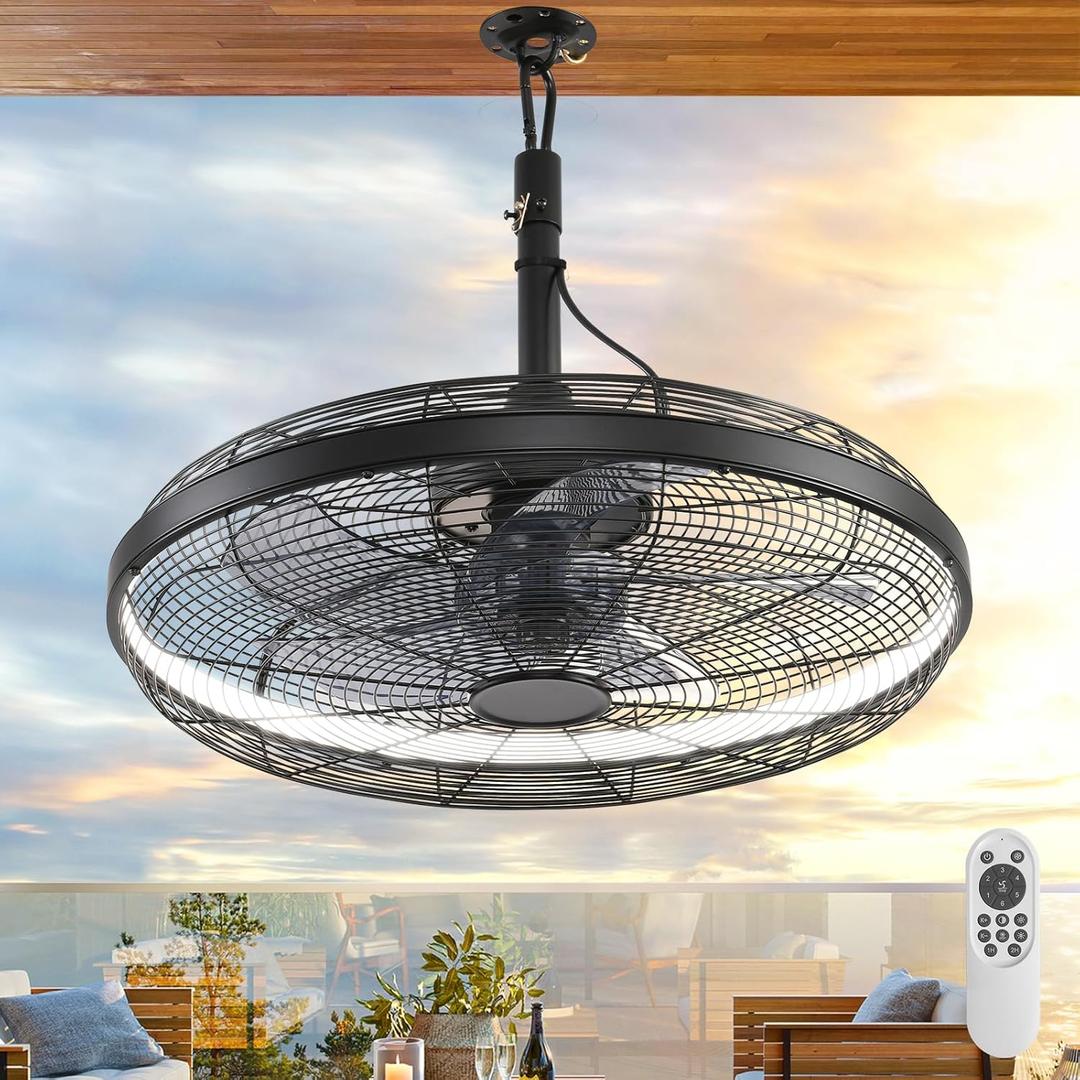 AHAWILL Outdoor Ceiling Fans with Lights, 20'' Gazebo Fan, Plug in Ceiling Fan for Patios, Pergola, Ceiling Fan with Remote Control, Hanging with Hook,Black, 20.9*20.9*8.5inch