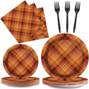 gisgfim 96 Pcs Thanksgiving Fall Orange Plaid Party Supplies Paper Plates Napkins Autumn Party Disposable Tableware Birthday Decorations Favors Serves 24