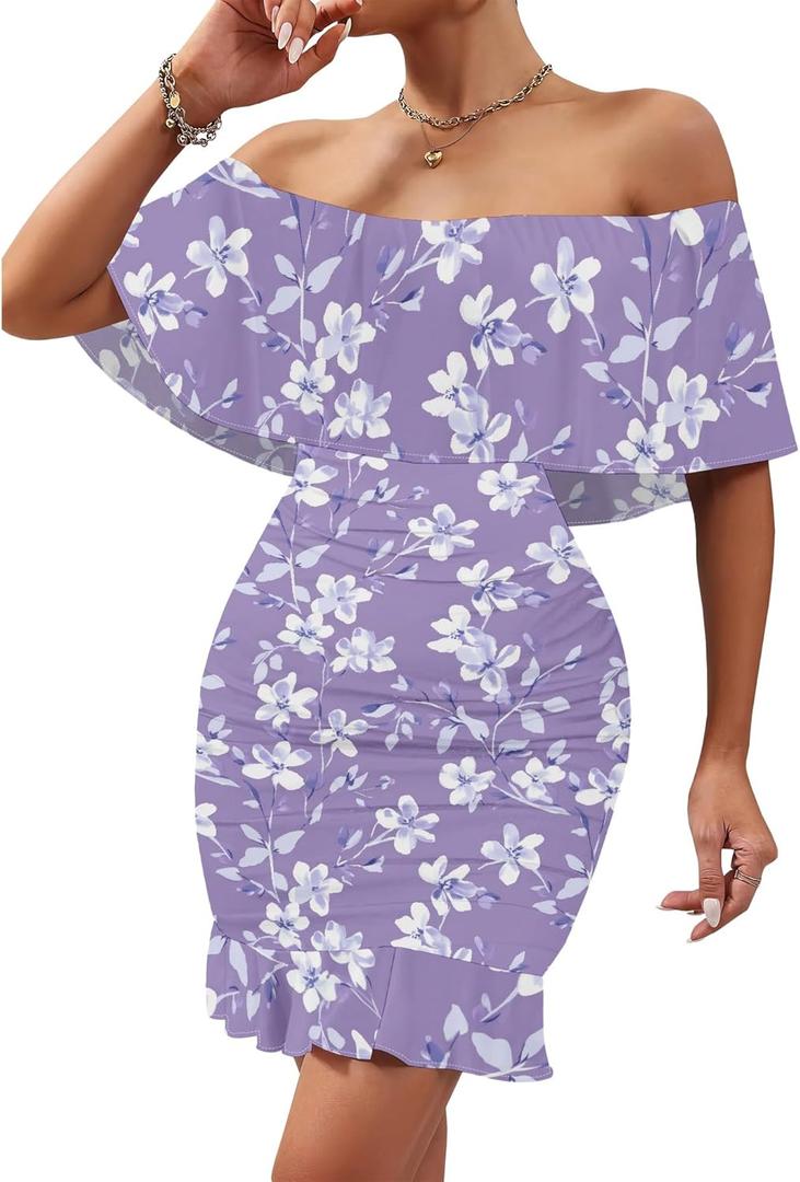 PinkPatty Summer Mini Dress for Women Off Shoulder Ruffled Bodycon Dresses Short Beach Sundress (Small, A - Floral#05)