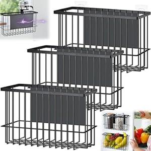 Menkxi 3 Pcs Magnetic or Adhesive Refrigerator Organizer Magnetic Baskets Kitchen Holder for Refrigerator Metal Shelf Rack Storage with 2 Types of Installation(Black)