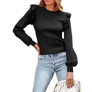 PRETTYGARDEN Women's Ruffle Long Sleeve Sweaters Crew Neck Lightweight Sweater 2026 Fall Trendy Ribbed Knit Pullover Tops Size XL