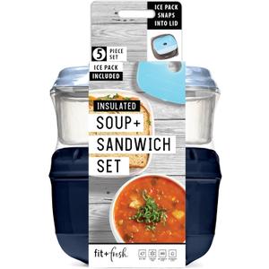 Fit & Fresh Insulated Soup Container With Lid & Sandwich Container, Hot Food Insulated Lunch Container, Complete Thermo Lunch Kit With Ice Pack, Navy