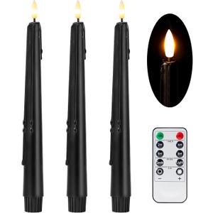 Stmarry Black Flameless Taper Candles with Remote and Timer - 9.65 Inch Real Wax LED Candlesticks - Wax Drip Battery Operated Halloween Taper Candles with 3D Flickering Flame Halloween Decor, 3 Pack