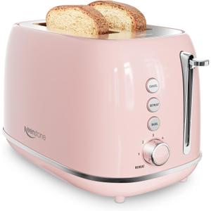 2 Slice Toaster Retro Stainless Steel with Bagel, Cancel, Defrost Function and 6 Bread Shade Settings Bread Toaster, Extra Wide Slot and Removable Crumb Tray (Pink)