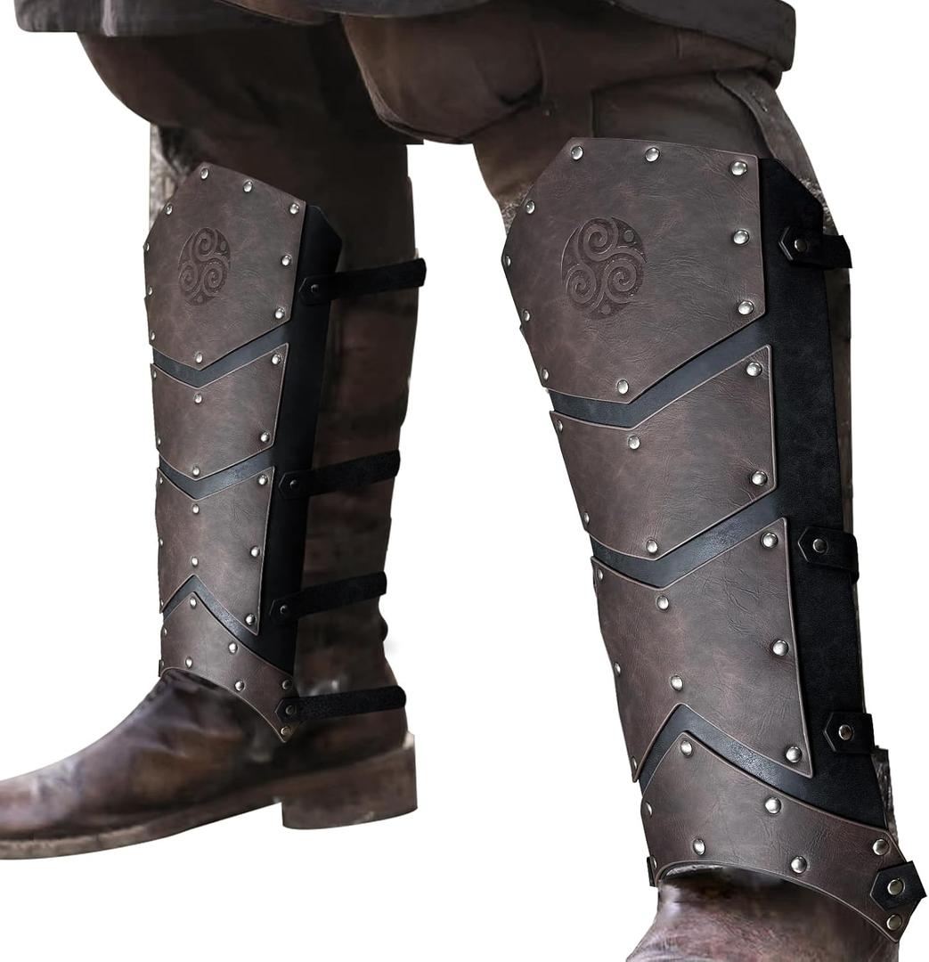 HiiFeuer Medieval Faux Leather Leg Gaiters, Vintage Middle Ages Knight Leg Armor, Mercenary Leg Guards for LARP (Dark Brown a)