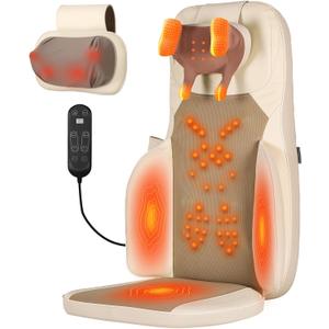 Shiatsu Neck and Back Massager with Heat - 3D Kneading & Vibration Full-Back Massage Cushion to Ease Muscle Stiffness, Adjustable Intensity & Height for Office Chair, Home Use (Beige)