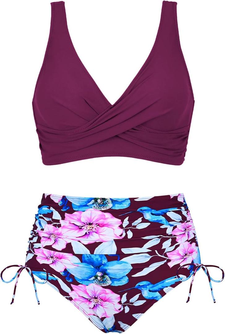 Women's High Waisted Bikini Sets V Neck Twist Front Ruched Bathing Suit Padded Lace Up Back Two Piece Swimsuit (L)